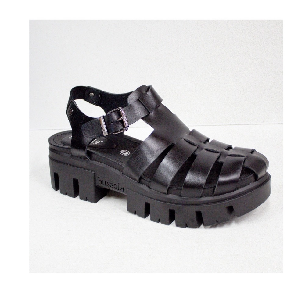 Bussola Corvara Chaya Black Leather Lug Sole Fisherman Sandals Nero